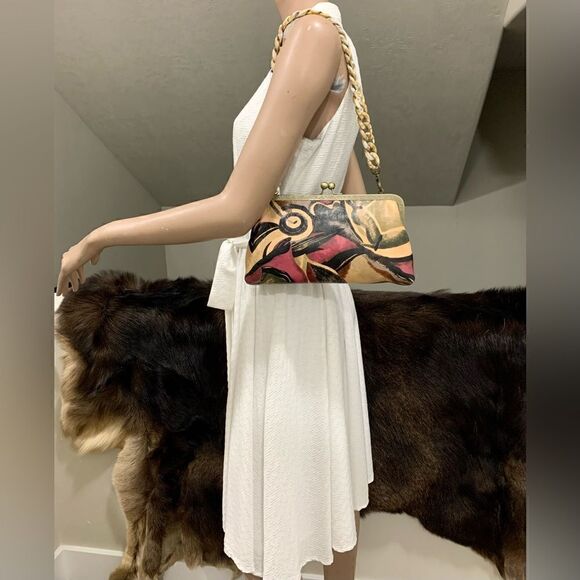 Abstract Print Cowhide Handmade Vintage Style Kisslock Clutch Bag, Crossbody - Picture 3 of 16